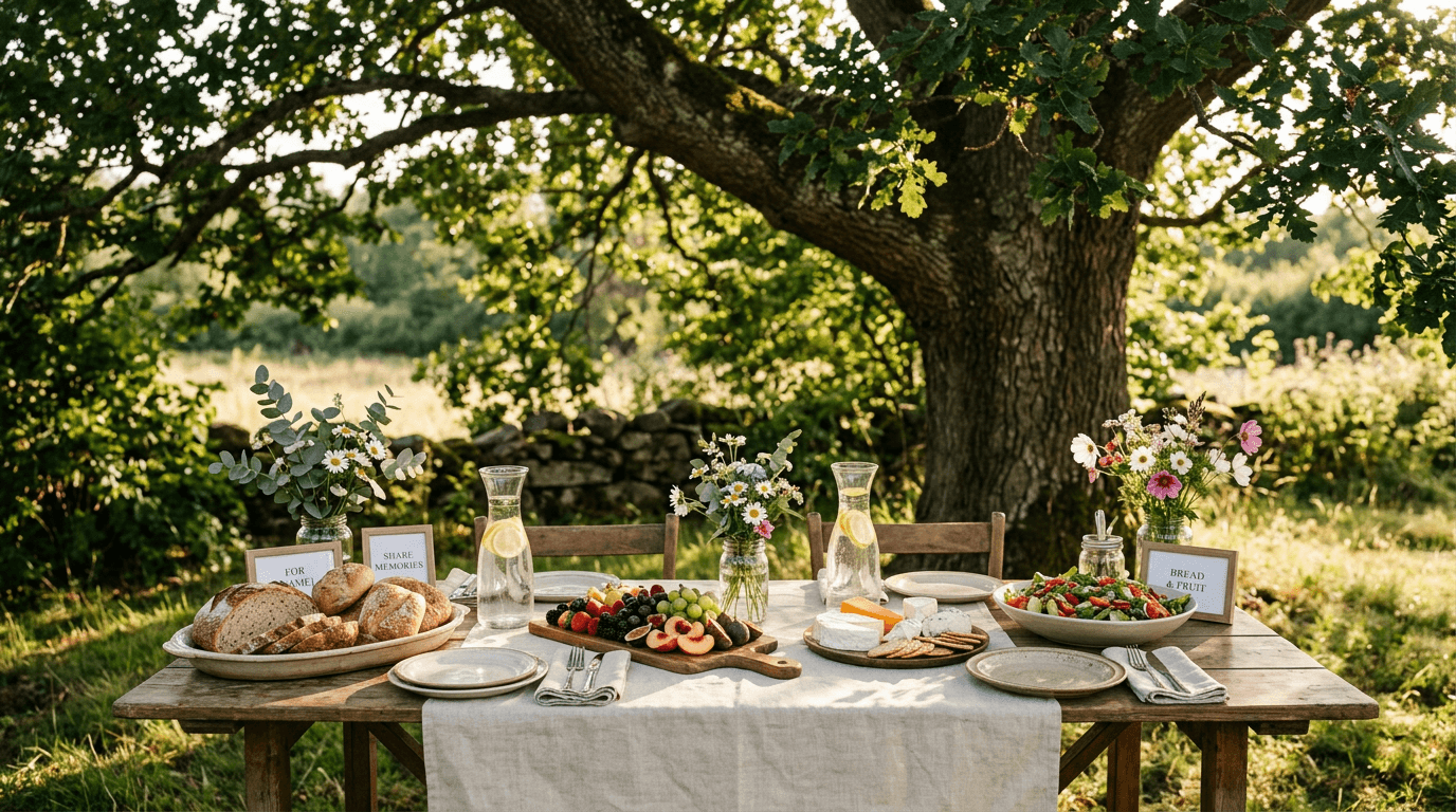 Outdoor reception table set with food beneath an oak tree