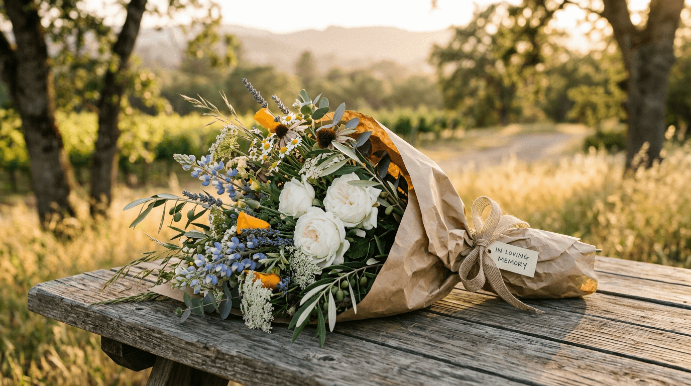Garden-style memorial bouquet of wildflowers and white roses