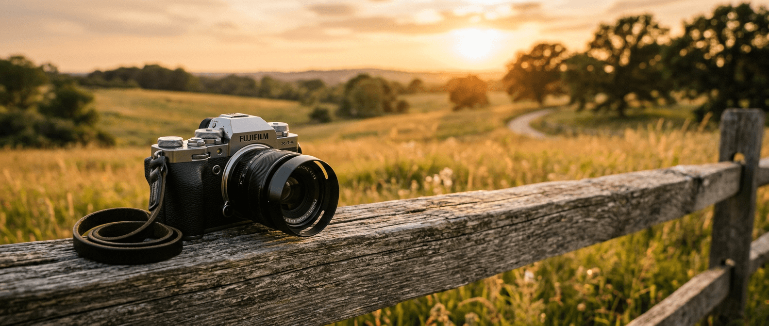 Camera resting on a fence rail with a golden meadow behind