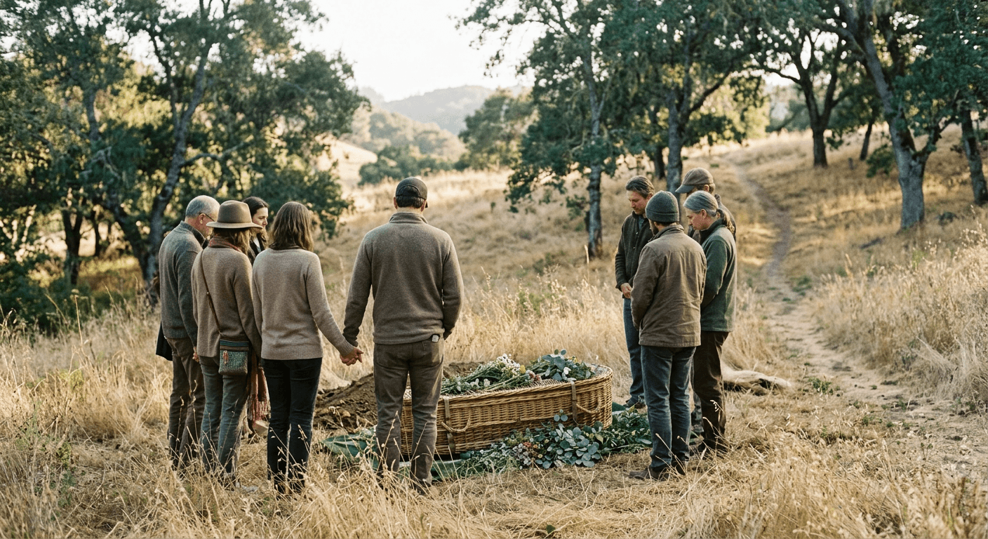 Family gathered for a green burial graveside service in an oak meadow