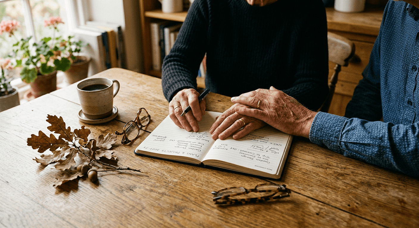 Couple reviewing green burial pre-planning paperwork at a kitchen table