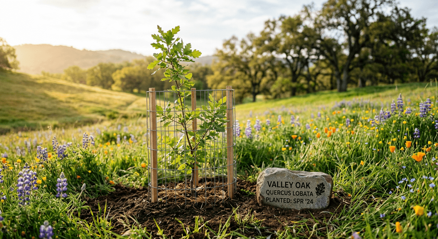Young oak sapling planted as a living tree memorial at a natural burial site