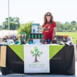 Woman at outdoor pet products stand