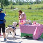 Outdoor market stall interaction with women and therapy dog