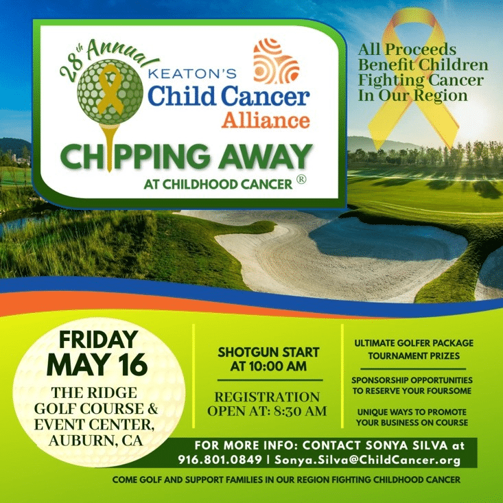 Promotional flyer for Keaton's child cancer charity golf event.
