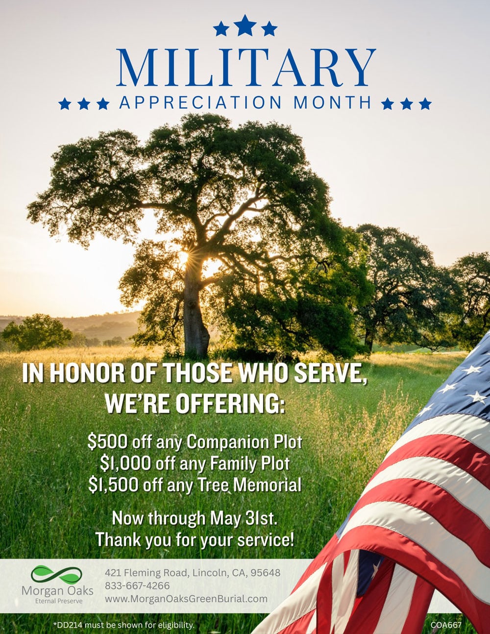 Poster promoting military discounts with U.S. flag and sunrise.