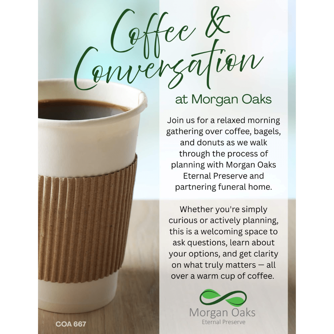 Poster of coffee event at Morgan Oaks with details
