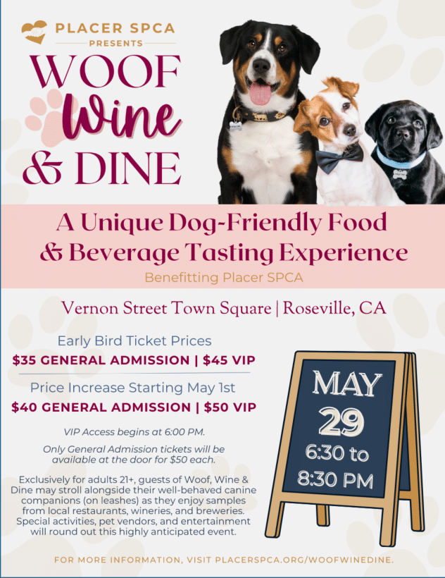 Promotional poster for Woof, Wine & Dine event with dogs.