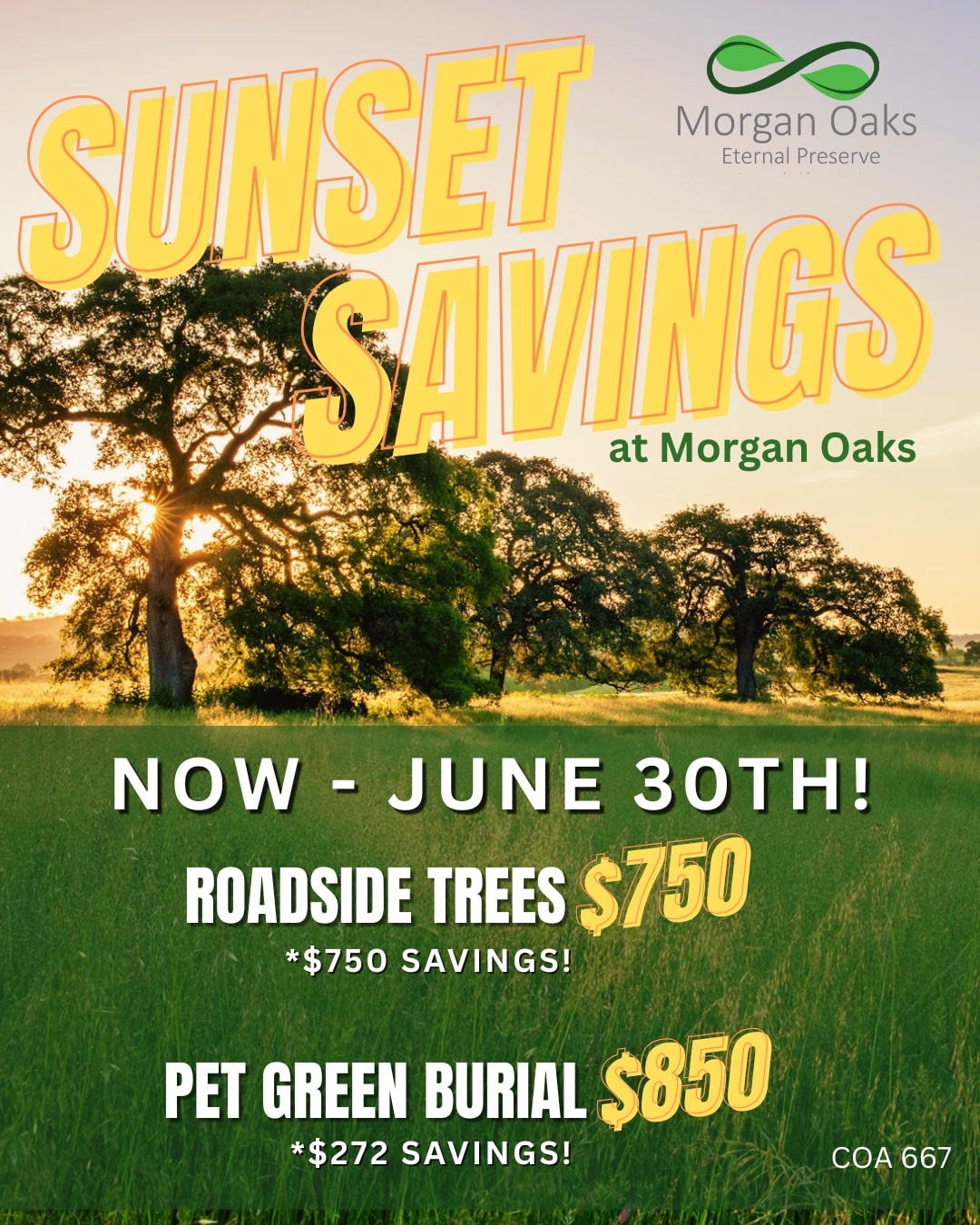 Advertisement for discounts at Morgan Oaks Eternal Preserve
