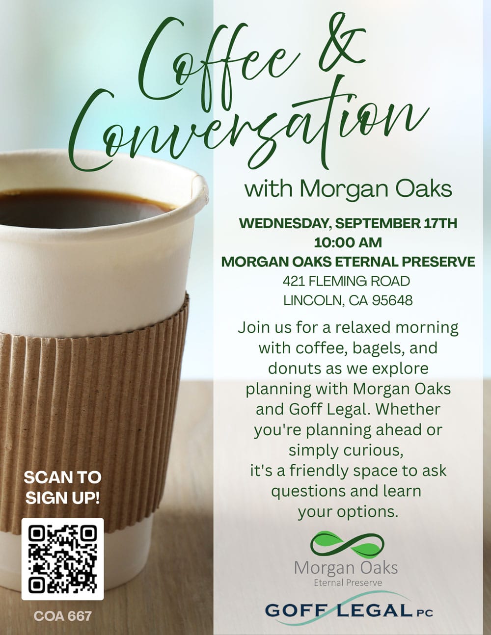 Poster for Coffee & Conversation event with QR code