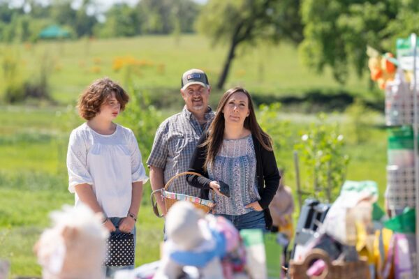 _A745290 Family shopping at outdoor market in sunny field