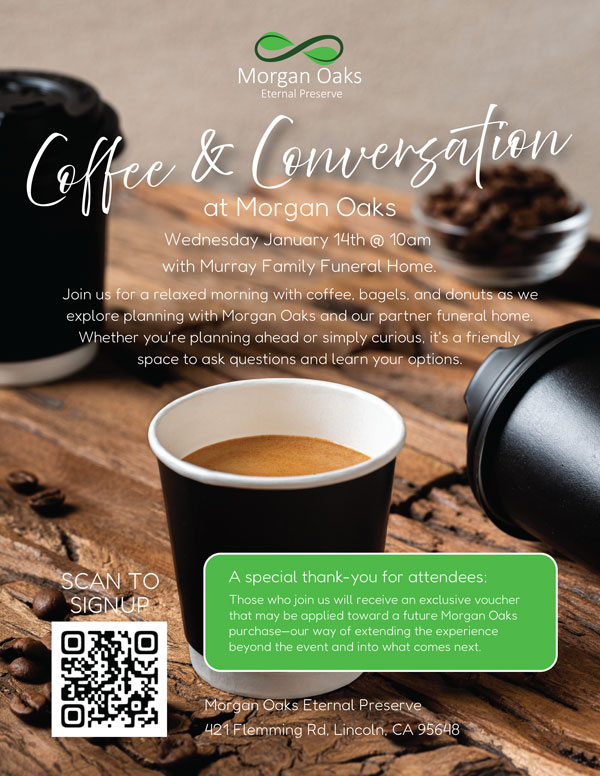 Event flyer: Coffee & Conversation at Morgan Oaks.