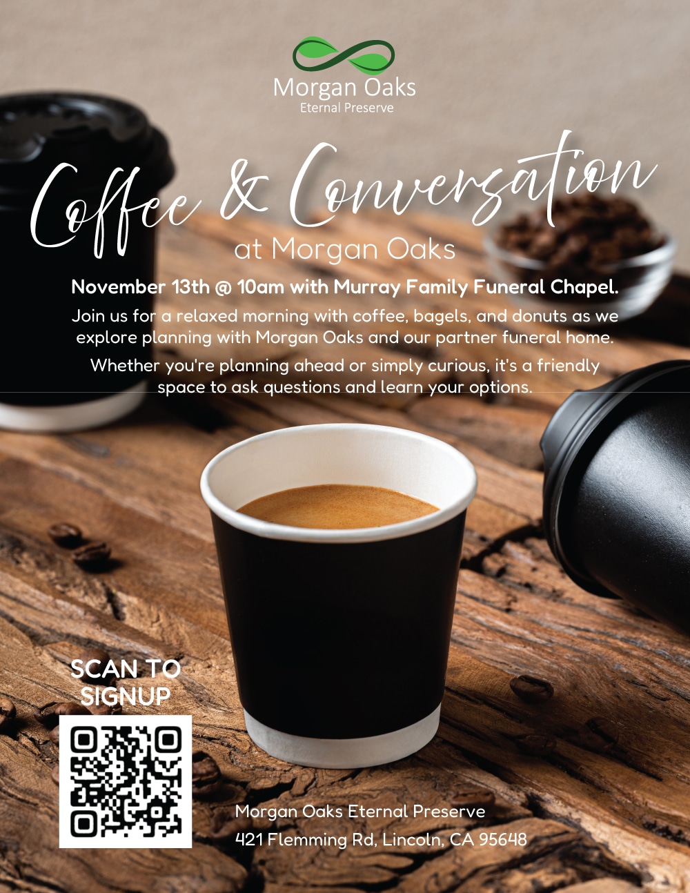 Promotional event flyer for Coffee & Conversation at Morgan Oaks