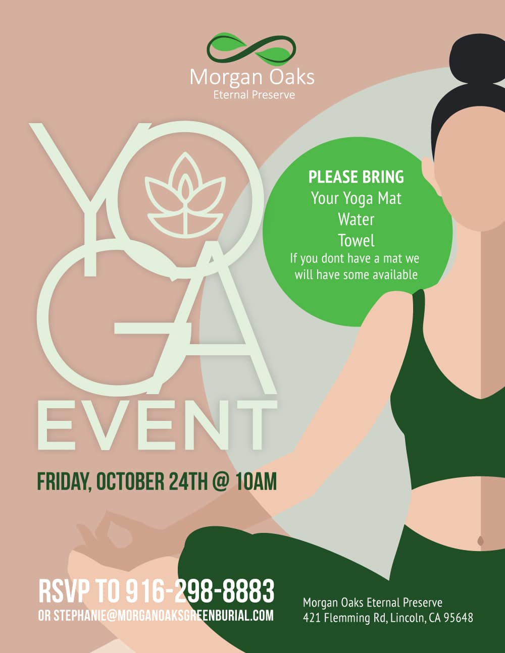 Yoga event flyer with date and RSVP details.