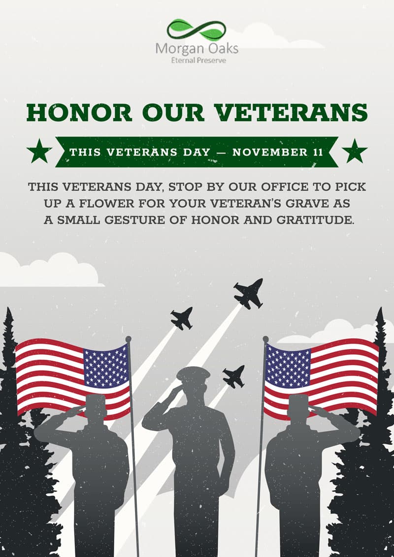 Veterans Day poster with saluting soldiers and American flags