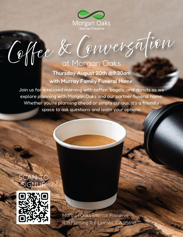 Event flyer for Coffee & Conversation at Morgan Oaks.
